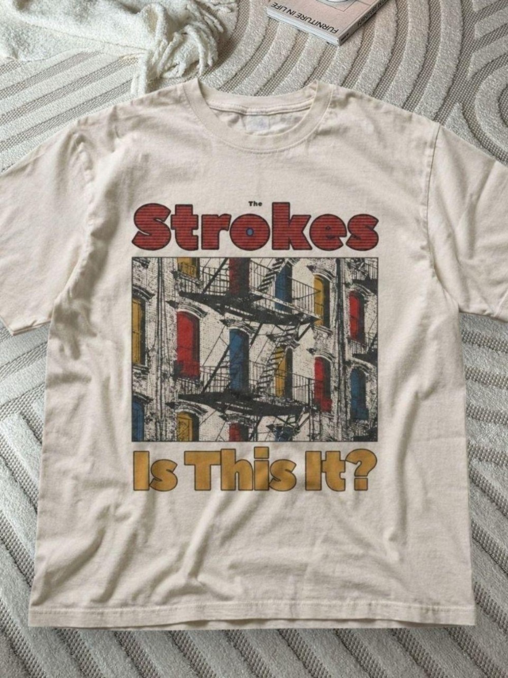 Gildan Cream 'The Strokes - Is This It?' Graphic Tee with Red, Blue & Gold Print